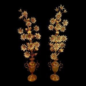 Antique Pair of Brass Tall Flowers on Urns Church Altar Decoration Ornaments